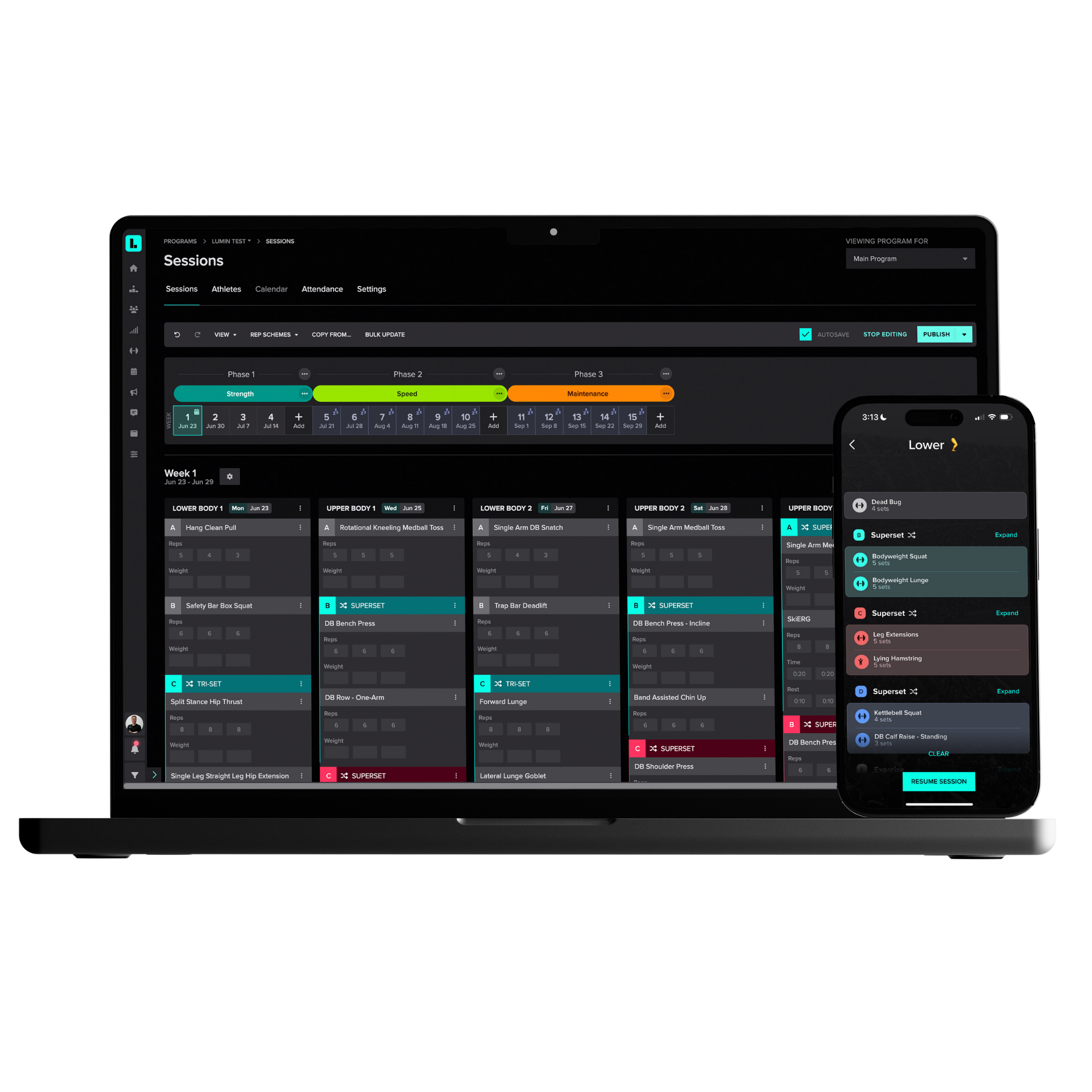 Lumin Sports strength programming displayed on desktop and mobile